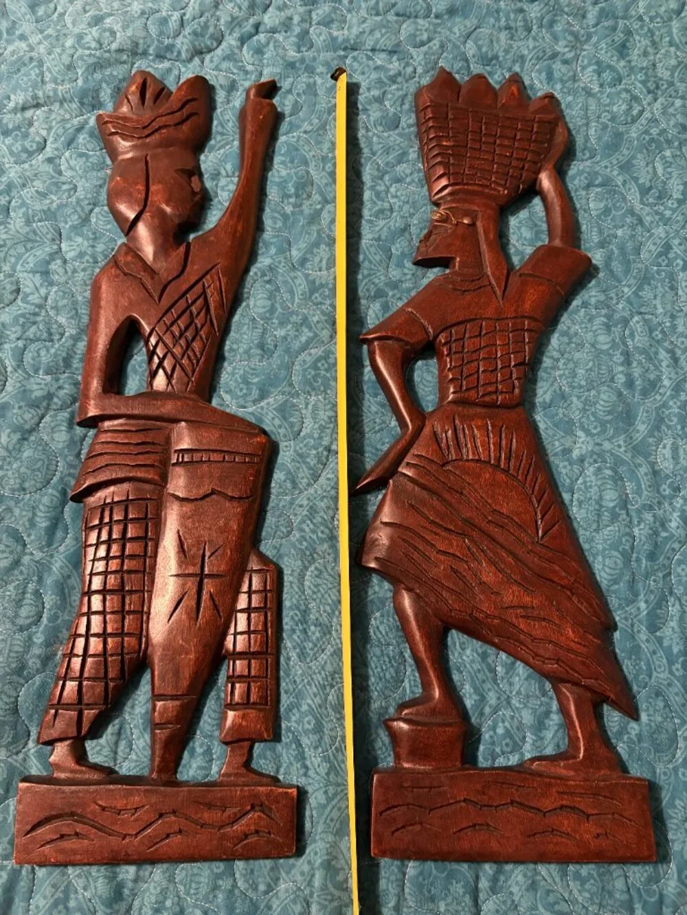 Vintage Hand Carved African Wooden Wall Art Fisherman Couple Figurines